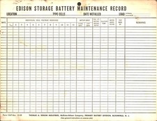 1958 THOMAS A. EDISON STORAGE BATTERY COMPANY unused maintenance record log card picture