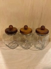 Vintage Anchor Hocking Glass Penny Candy Jar Canister Set 3 Wood Lids MCM picture