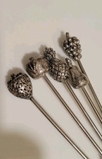 🤩 Vintage Metal Cocktail Appetizer Forks Picks Set of 5 Fruit Top Barware Cute picture
