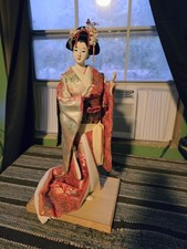 Vintage Japanese Geisha Doll in Silk Kimono Black Hair Red Kimono 17.5