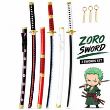 Roronoa Zoro Cosplay Sword Set 3pcs w/ Earrings Katana Replica Anime One Piece J picture