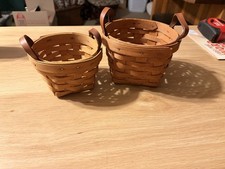 Longaberger Brown Wooden Basket Leather Handles Set Of 2 picture
