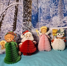 Set Of 4 VTG 1980 Beistle Christmas Playmates Honeycomb Santa Snowman Angel Elf picture