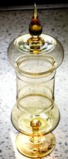 RARE Vtg EMPOLI Italy AMBER GLASS Apothecary Jar 17.5” Pedestal Base/W Lid picture