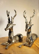 Vintage Mid Century Pair Thai Temple Deer Figurines Silver Plated Brass MCM 1970 picture