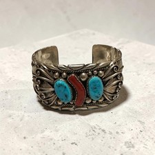Navajo M Tsosie Sterling Turquoise Coral Feather Cuff Bracelet 108g 1.5” Width picture