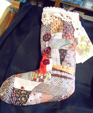 OOAK. (#3). Antique quilt Christmas Stocking w/ antique lace & buttons picture