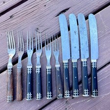 ANTIQUE SANSON CUTLERY CO WOOD HANDLE 1800s FLATWARE 6 MIXED FORKS AND 4 KNIVES picture