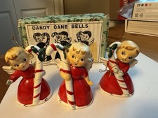 Vintage Napco? Wales? Japan Ceramic Christmas Angel Candy Cane Bells With Box picture
