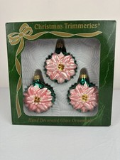 Christmas Timmeries Bradford Pink Poinsettia Glass Ornaments Set of 3 Boxed picture