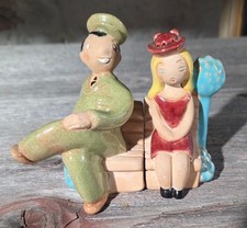 Hand Made Signed WWII Salt & Pepper Shaker Soldier Uniform Woman picture