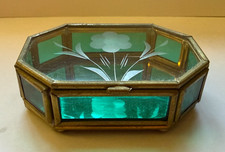 Beautiful Vintage Green Glass/Clear Etched Glass and Brass Trinket/Jewelry Box picture