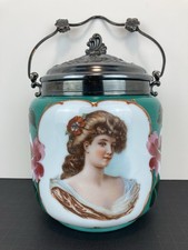 Antique Victorian Bristol Glass Portrait Biscuit Jar With Ornate Metal Lid NICE picture