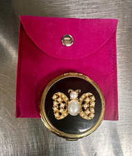Vintage Gold Evan’s Compact Mirror Black Enamel Bee Faux Pearl Original Pouch picture