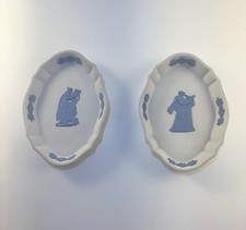 Vintage Wedgwood Jasperware Blue White Scalloped Oval Trinket Dish Pair picture