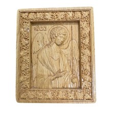Hand Carved Wooden Orthodox Angel Icon Religious Wall Art Archangel Relief 4in picture