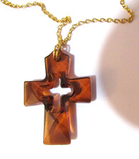 Vintage Brown Translucent Lucite Open Cross Pendant Gold Plated Necklace 1.25*18 picture