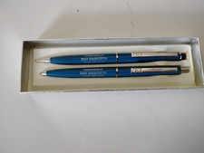 Vintage Double Heart Paper Mate Blue Chrome Ballpoint Pen Mechanical Pencil Box picture