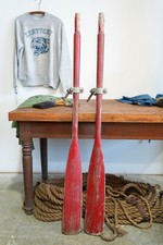 VINTAGE Wood Oars Boat Paddles Antique Old RED Paint w/ OARLOCKS picture