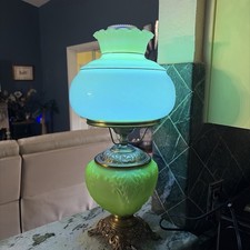 Antique Uranium Embossed Glass Success Oil Lamp Converted W Custard Uranium Top picture