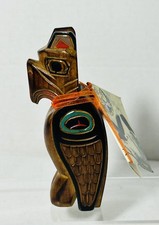 Alaska Black Diamond Native Hand Carved Raven Bird Signed Ray Moore Totem Wooden picture