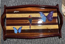 Vintage Guyana Striped Wood Serving Tray Blue Morpho Butterfly Inlay 17”x10.5” picture