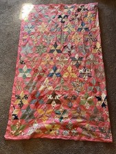 Vintage Patchwork Quilt Topper - Diamonds - Blocks - Hand Stitched Vibrant Pink picture