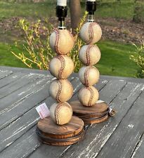 Pair of Novelty Baseball Table Lamps Stacked Baseballs on Wooden Base w Shade picture