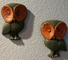 Vintage 2 Mid Century Owl Wall Decor Foam Large Eyes Green Orange Light Weight picture