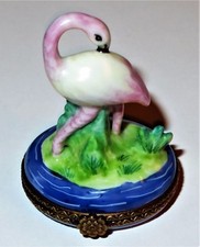 LIMOGES FRANCE BOX - PV - PINK FLAMINGO - GRASS & WATER & 3 DIMENSIONAL REEDS picture
