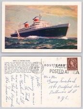 S.S. United States Ocean Liner Postcard c.1950s Posted at Sea New York picture