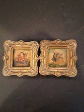 Pair of Vintage Ornate Gold Miniature Framed Romantic Scenes #M5 picture