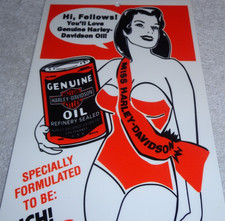 VINTAGE HARLEY DAVIDSON MOTORCYCLES WOMAN +LARGE OIL CAN 15