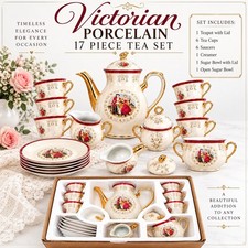 VTG Victorian Style Fine Porcelain Tea Set 17 Piece Set With Gold Trim Handles picture