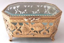 Vintage Octagonal JEWELRY BOX Gold Filigree Casket Trinket Beveled Glass picture