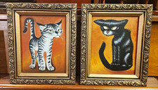 Set of 2 Original Vintage Cat Artwork Pictures, Black Cat & Gray Tabby, Gold picture