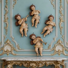 Vintage Set of 4 Musical Cherub Angel Wall Hangings Putti Rococo Baroque Decor picture
