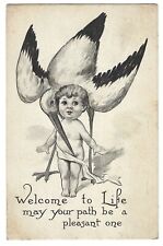 STORK With NEW BABY 1913 Black & White Vtg POSTCARD Birth Congratulations Card  picture