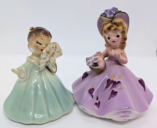 *LOT OF 2* Vintage Josef Originals Girl Dress Figurines Fan & Bouquet *MUST SEE* picture