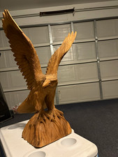 Hand Carved Wood Eagle Bird Figurine Sculpture with Spread Wings Collectible picture