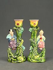 Pair of Antique Majolica Pottery Figural Chinoiserie Candle Stick Holders picture