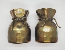 Pair of vintage mid century mcm brass drawstring coin money bag vases Spain picture