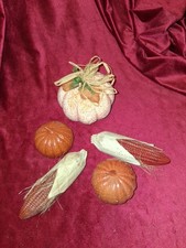 Vintage Flocked Fall Decoration Set - 5pc Pumpkins & Corn - Retro Autumn picture