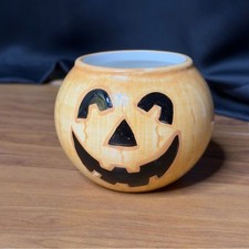 Vintage 90s Hand Painted Pumpkin Face Candle Holder Halloween Orange Black 1990s picture