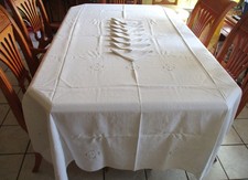 Vintage Embroidered Linen Tablecloth 8 matching Napkins Set Cutwork Lace 68x101 picture