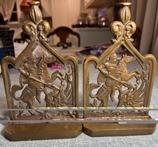 Vintage Solid Brass St. George Slaying Dragon Bookends Gothic Cast Knight Pair picture