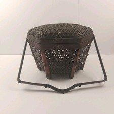 Vintage Bamboo Wicker Woven Wood basket With Hinged Lid and handle picture