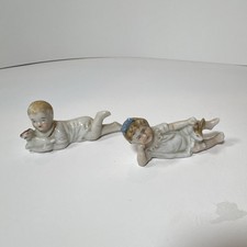 2 antique 1800s porcelain piano baby Figurines Hand Painted rabbit dog Germany picture