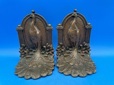 Pair of Antique Weidlich Bros Bronze-Clad Cast Iron PEACOCK Bookends picture