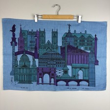 Vintage 1960’s Lamont Irish Linen Tea Towel Abstract London Buildings MCM Blue picture